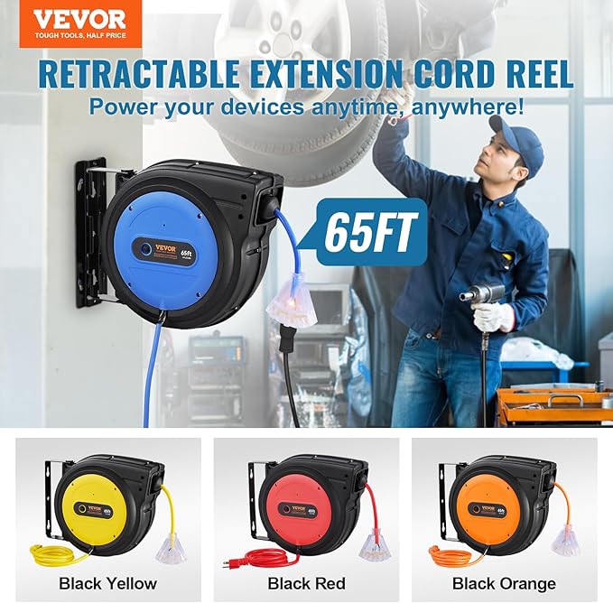 VEVOR 65FT Retractable Extension Cord Reel, 12AWG/3C SJTOW Heavy Duty Power - Image 2