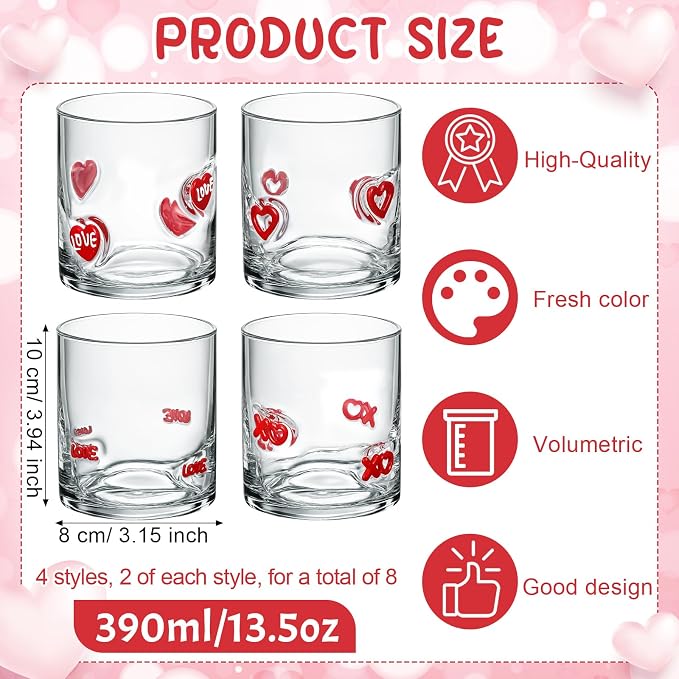 Skylety 8 Pcs Valentines Day Icons Juice Glasses Heart Love Drinking Cups Old - Image 2