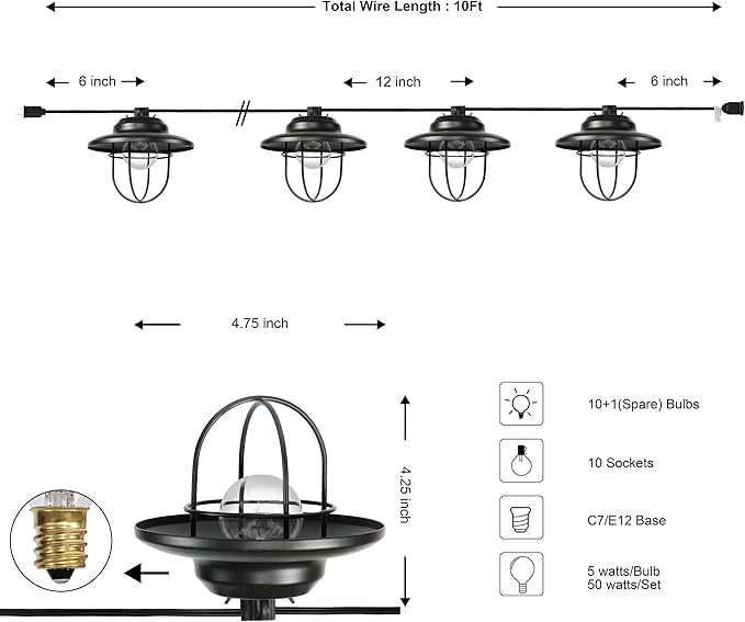 JONATHAN Y 10' Black 10-Light Rustic Farmhouse LED String Lights - Image 6