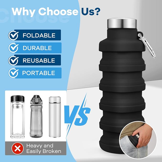 Collapsible Water Bottle, 17oz Reuseable BPA Free Silicone Foldable Water - Image 3