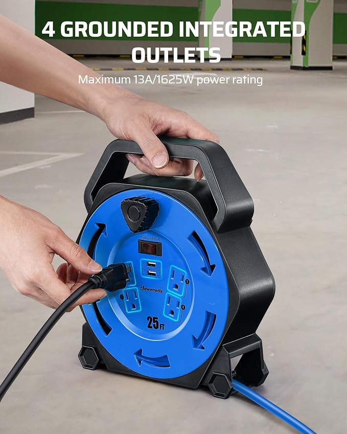 DEWENWILS Cord Reel with 4 Power Outlets, 2-USB Ports, 25FT Retractable - Image 7