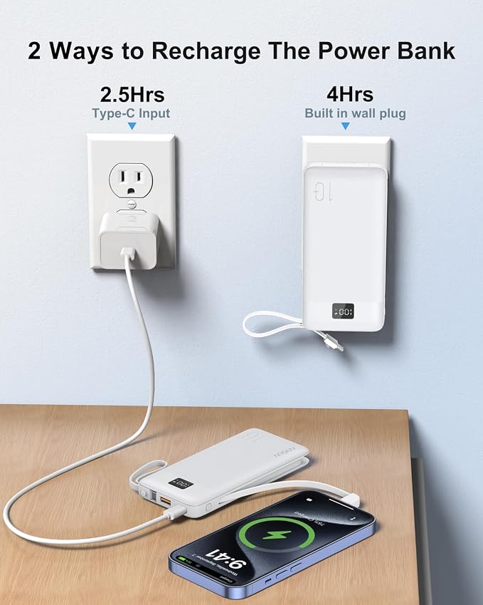 Portable Charger Built-in Cables and AC Wall Plug, 10000mAh 22.5W PD Fast - Image 7