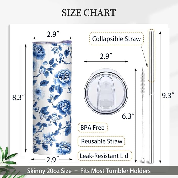 Firmiso 20 oz Tumbler｜Skinny Insulated Travel Mug｜Blue White Peony Chinoiserie - Image 7