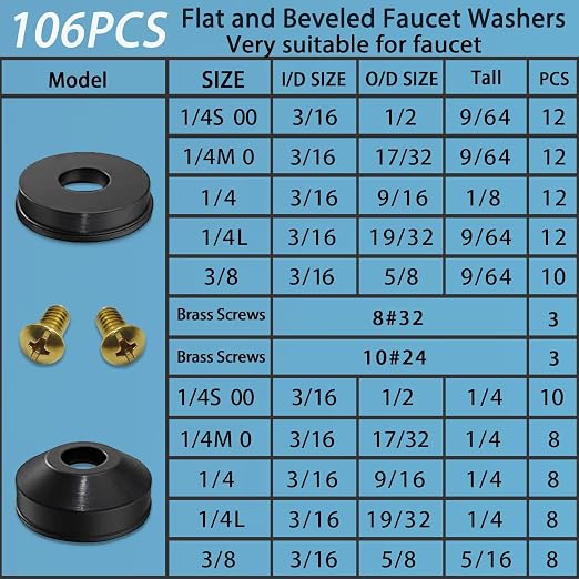 ZDBB 106 pcs Flat and Beveled Faucet Washers and Brass Bibb Screws Assortment - Image 2