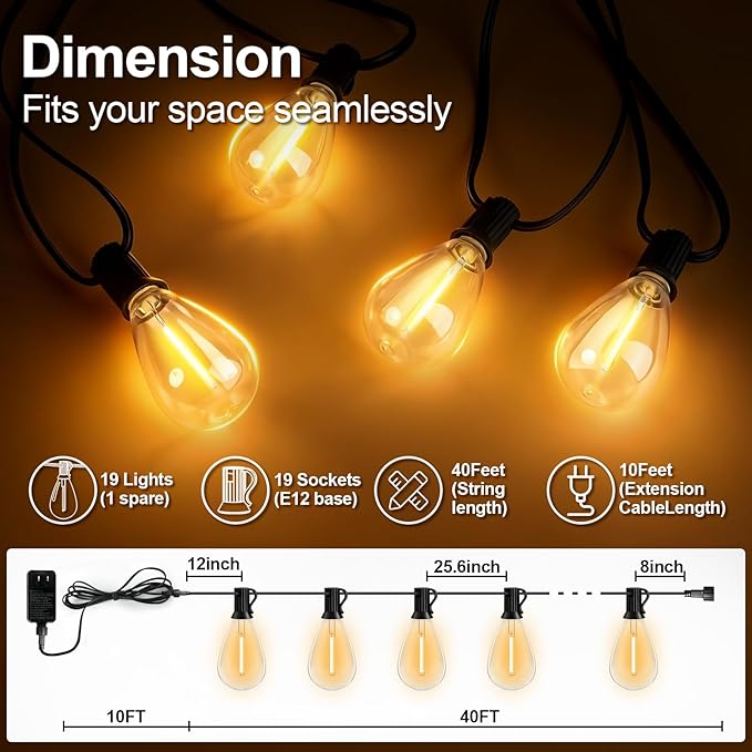 50FT Outdoor String Lights, 15m Waterproof Remote LED Patio Lights - Image 2