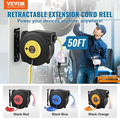 VEVOR Retractable Extension Cord Reel, 50 FT, Heavy Duty 14AWG/3C SJTOW - Image 2