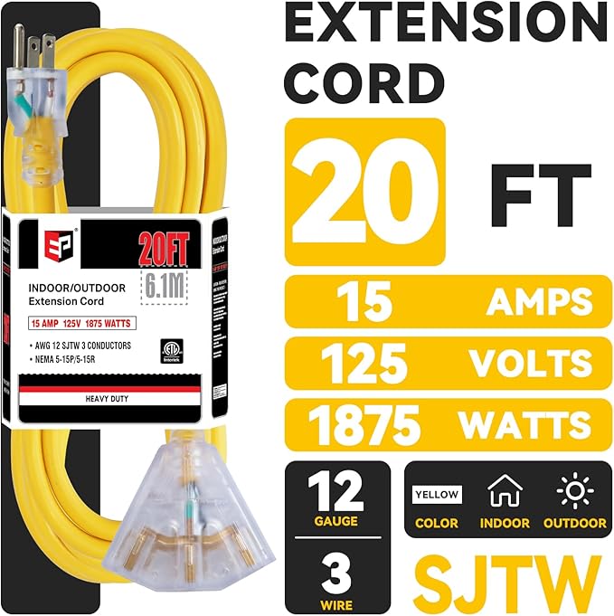 EP 20 Ft 12 Gauge Heavy Duty Extension Cord, 15A 125V 1875W, 3 Outlet - Image 2
