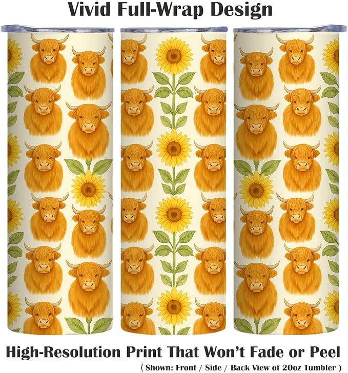 Firmiso 20 oz Tumbler｜Skinny Insulated Travel Mug｜Highland Cow Sunflower - Image 2