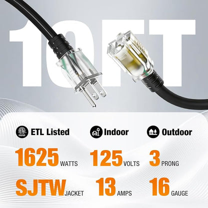 10 FT Outdoor Extension Cord Waterproof, 16/3 Gauge Heavy Duty 3 Prong Power - Image 2
