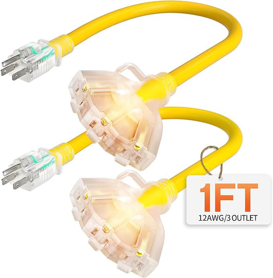 1 ft 12 Gauge Heavy Duty 3 Outlet Extension Cord Splitter by Deeklify