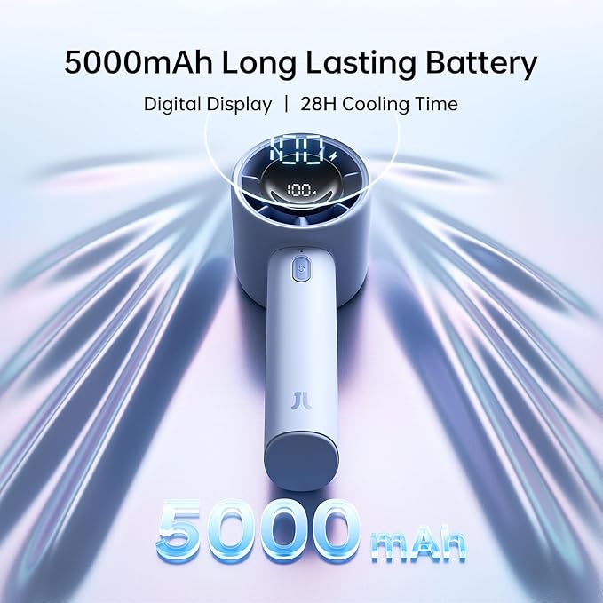 JISULIFE Handheld Turbo Fan, 5000mAh Rechargeable Portable Fans, 5 Speed Strong - Image 3