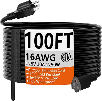 HUANCHAIN 100 FT 16 Gauge Black Indoor Outdoor Extension Cord Waterproof by huanchain