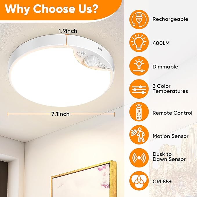 2 Pack 10000mAh Rechargeable Motion Sensor Ceiling Light - Image 3