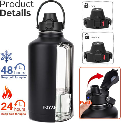 Water Bottle Insulated 32oz 40oz 64oz 128oz Straw Lid Spout Lid & 3 Lids - Image 2