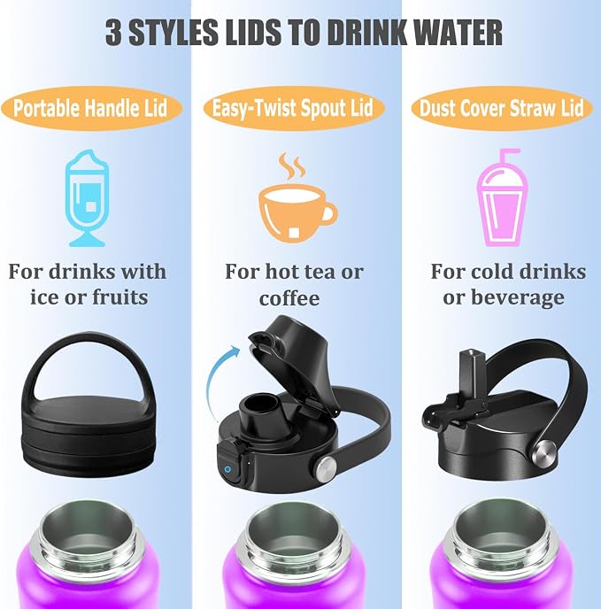 Water Bottle Insulated 32oz 40oz 64oz 128oz Straw Lid Spout Lid & 3 Lids - Image 5