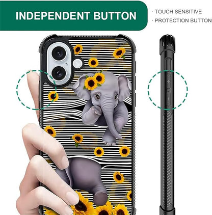 for iPhone 16 Plus Case, Cute Little Elephant Sunflower White Line Art Pattern - Image 7