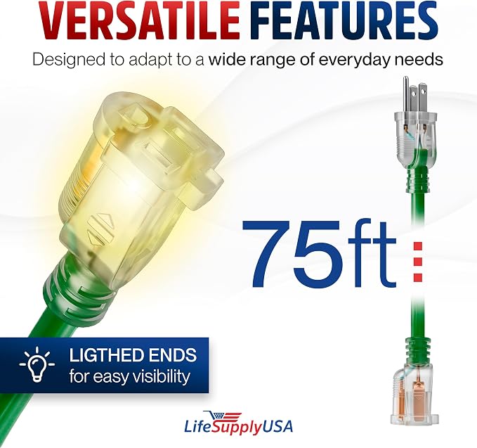 75ft Outdoor/Indoor Extension Cord 16/3 Gauge Heavy Duty 3 Prong SJTW, - Image 6