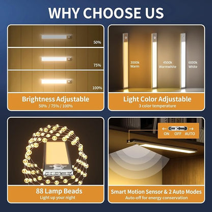 12" Under Cabinet Lights, 88 LED Operated Motion Sensor Light Indoor, 2200mAh - Image 2