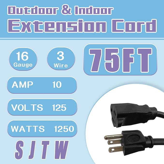 Indoor Outdoor Extension Cord 75 FT, 16/3 SJTW Weatherproof Black Electrical - Image 2