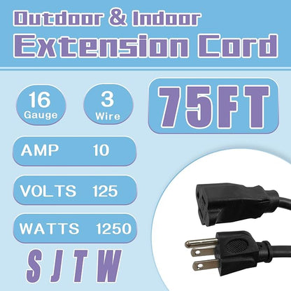 Indoor Outdoor Extension Cord 75 FT, 16/3 SJTW Weatherproof Black Electrical - Image 2
