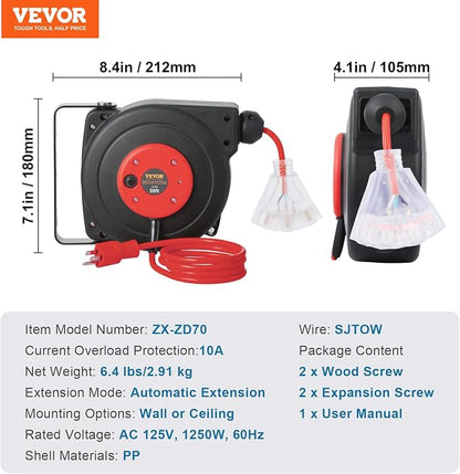 VEVOR Retractable Extension Cord Reel, 30 FT, Heavy Duty 16AWG/3C SJTOW - Image 7