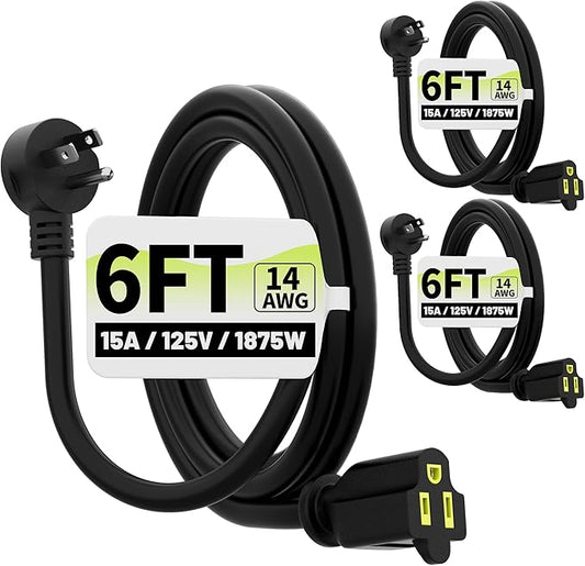 Vockjour 6 FT 3 Pack Black Low Profile Flat Plug 14 Gauge Heavy Duty Extension by Vockjour