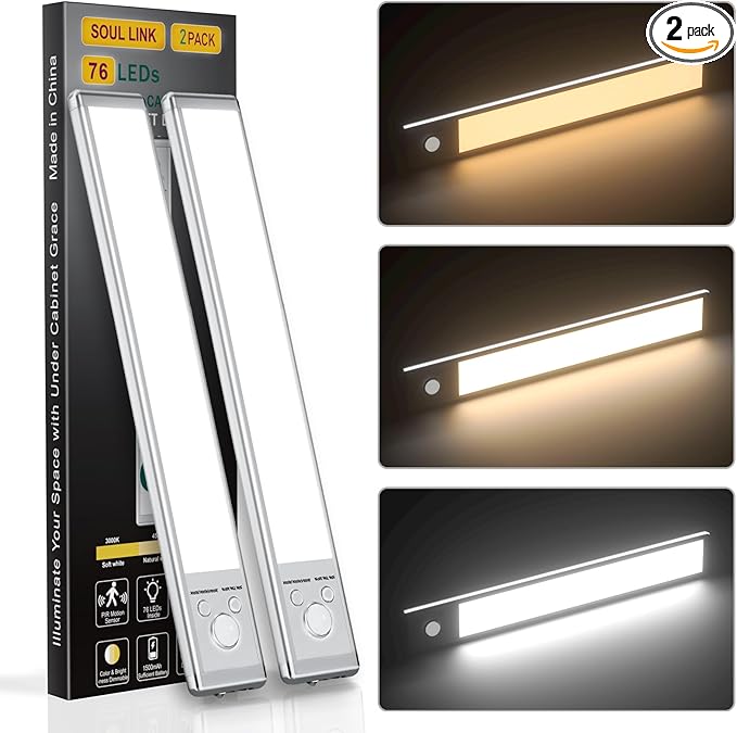 Under Cabinet Lights, 76 LED Operated Motion Sensor Light Indoor, 1500mAh USB by SOUL+LINK