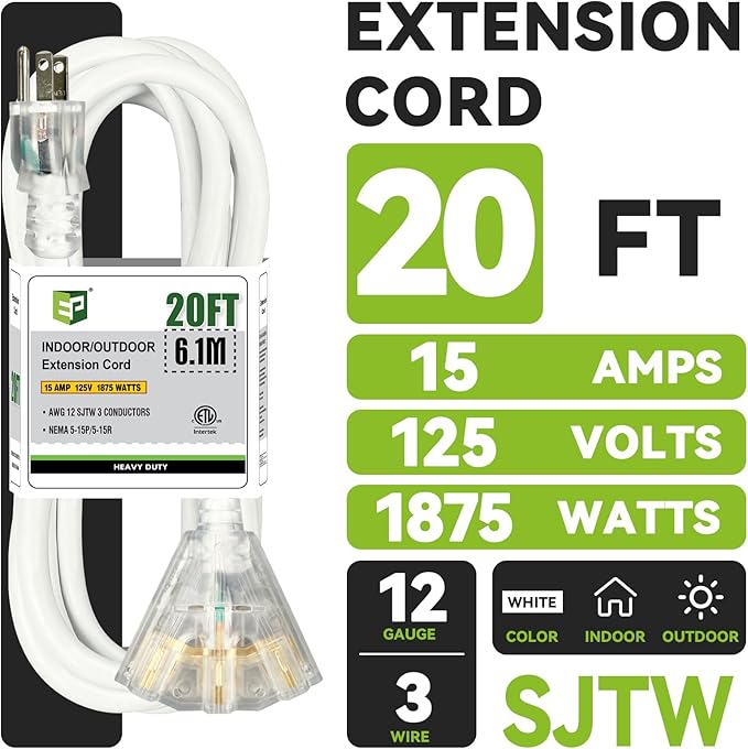 EP 20FT 12 Gauge Heavy Duty Extension Cord, 15A 125V 1875W, 3 Outlet - Image 2