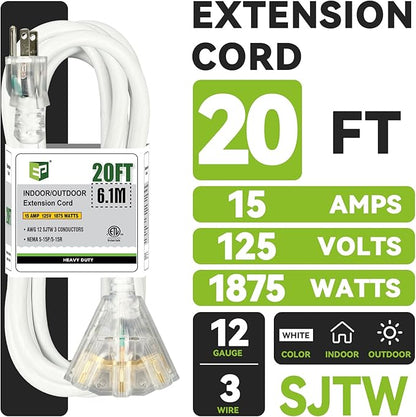 EP 20FT 12 Gauge Heavy Duty Extension Cord, 15A 125V 1875W, 3 Outlet - Image 2