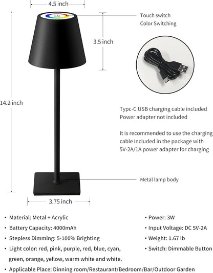 KDG 2 Pack Cordless Table Lamp, RGB Color Stepless Dimming Up, 4000mAh Battery - Image 5