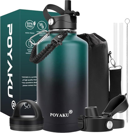 Water Bottle Insulated 32oz 40oz 64oz 128oz Straw Lid Spout Lid & 3 Lids by POYAKU