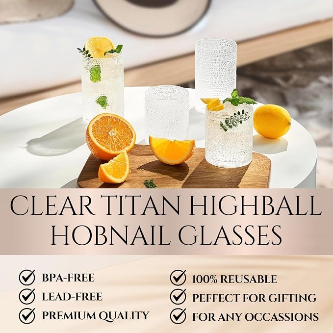 Khen Plastic Hobnail Drinking Highball Glasses Set of 6 Clear Color Cups 14oz - Image 2