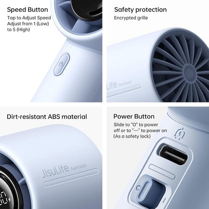 JISULIFE Handheld Turbo Fan, 5000mAh Rechargeable Portable Fans, 5 Speed Strong - Image 7