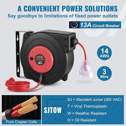 VEVOR Retractable Extension Cord Reel, 50 FT, Heavy Duty 14AWG/3C SJTOW - Image 4