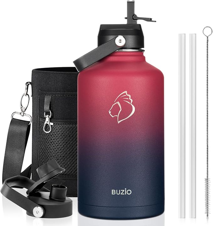 BUZIO 64oz Insulated Water Bottle Stainless Steel Double Wall Leak Proof Half by BUZIO