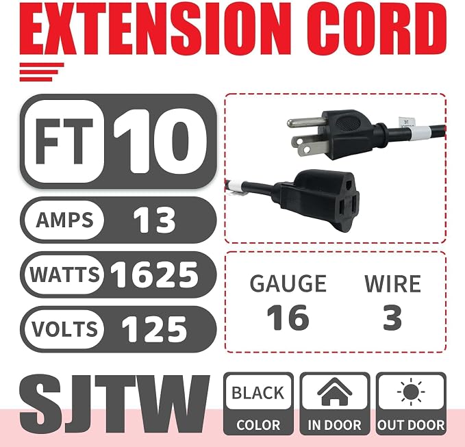 EP 10FT Black Outdoor Extension Cord, 16/3 SJTW Heavy Duty Waterproof, 3 Prong - Image 2
