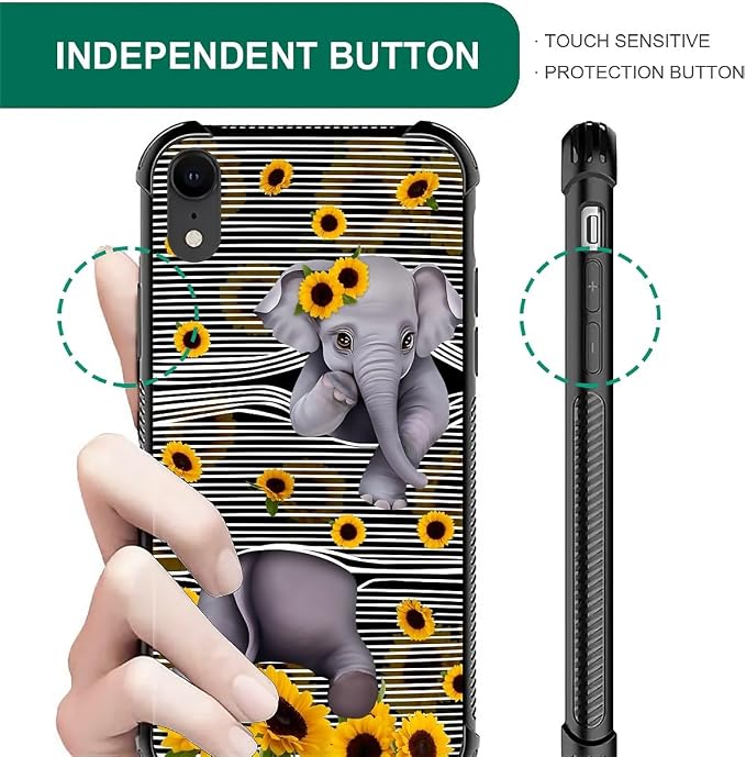 for iPhone XR Case, Cute Little Elephant Sunflower White Line Art Pattern - Image 6