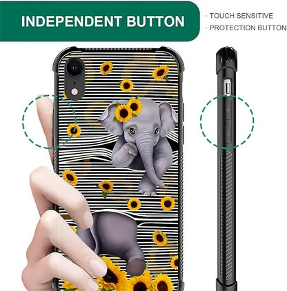 for iPhone XR Case, Cute Little Elephant Sunflower White Line Art Pattern - Image 6