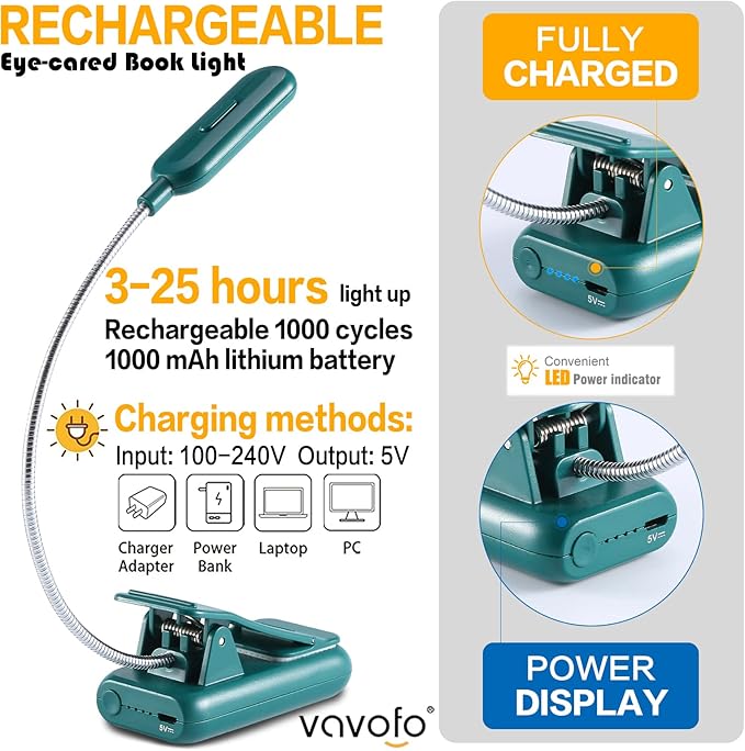 VAVOFO Rechargeable Book Light for Reading in Bed Kids, 7 LED Reading Light - Image 4
