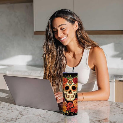 Firmiso 20 oz Tumbler｜Skinny Insulated Travel Mug｜Sugar Skull Floral Design - Image 7