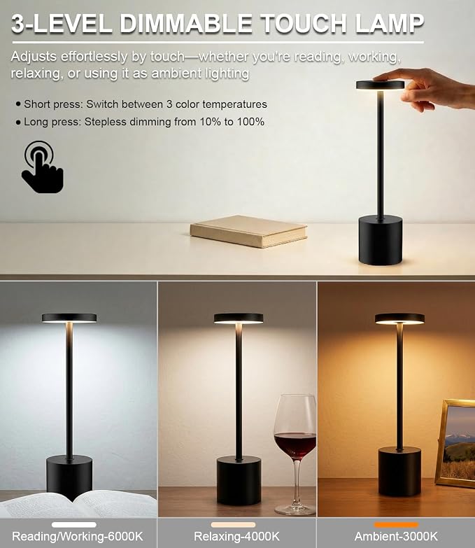 Swinerton Black Cordless Table Lamp, Rechargeable 5000mAh Battery Powered - Image 3