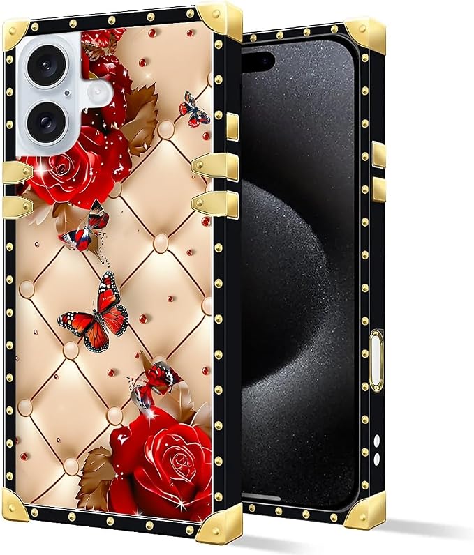 Compatible with iPhone 16 Plus Case, Shining Red Rose Butterfly Leather - Image 3