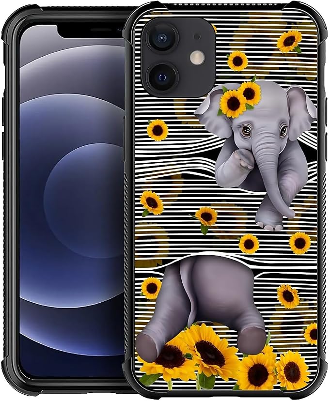for iPhone 11 Case, Cute Little Elephant Sunflower White Line Art Pattern by FKBRCL4U
