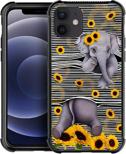 for iPhone 11 Case, Cute Little Elephant Sunflower White Line Art Pattern by FKBRCL4U