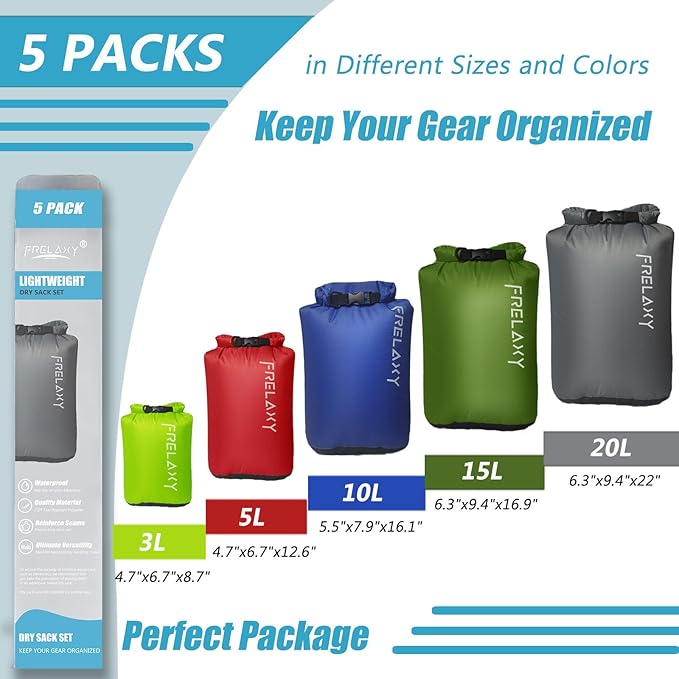 Frelaxy Dry Bag 3-Pack/5-Pack, Ultralight Dry Sack, Outdoor Bags Keep Gear Dry - Image 2