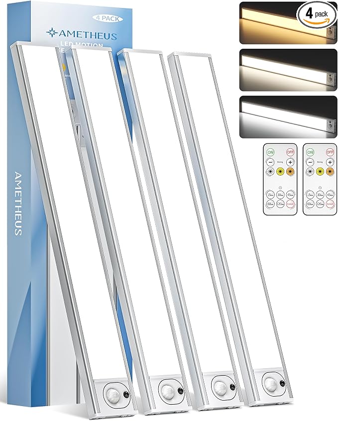 4Pack 16inch Under Cabinet Lighting, Rechargeable Motion Sensor Light Wireless by AMETHEUS