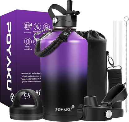 Water Bottle Insulated 32oz 40oz 64oz 128oz Straw Lid Spout Lid & 3 Lids by POYAKU