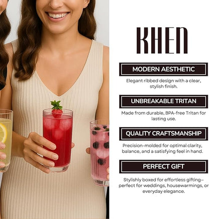Khen Plastic Acrylic Ribbed Drinking Glasses – Set of 4 Clear 11.8oz Tritan - Image 6