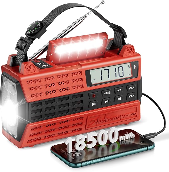 Emergency Crank Radio, 5000mAh/18500mWh Solar Hand Crank Radio, AM/FM/NOAA by Audiocrazy