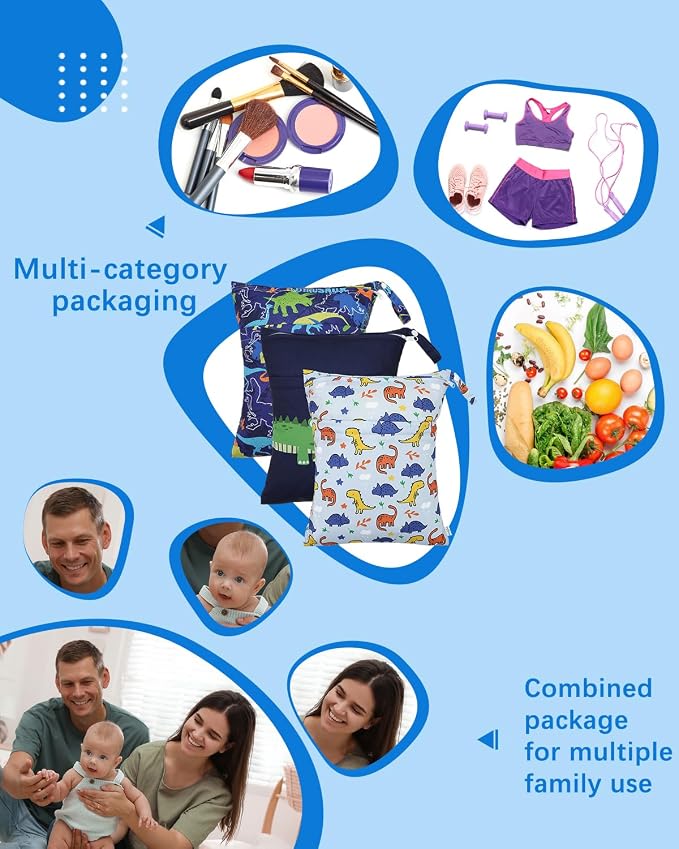 babygoal Dinosaur Wet Dry Bags 3 Pack, Waterproof Travel Bags - Image 4
